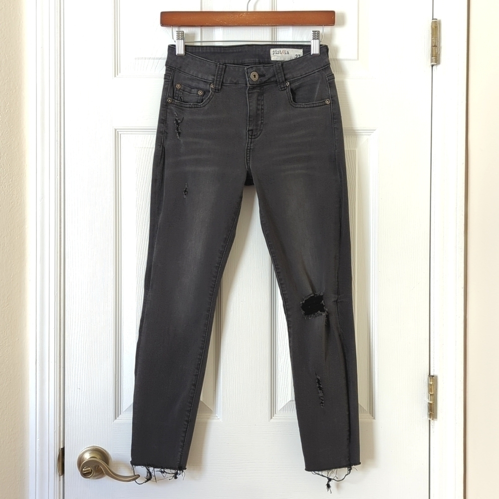 Pistola Classic Mid Rise Distressed Cropped Raw Hem Skinny Jeans Faded Black 27